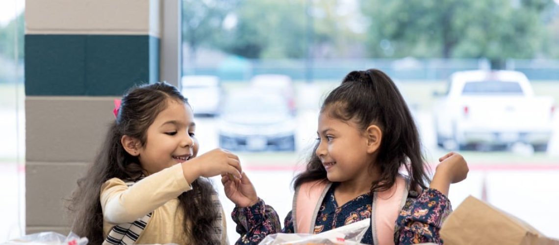 The two young twin sisters share lunch with each other in the elementary school cafeteria.